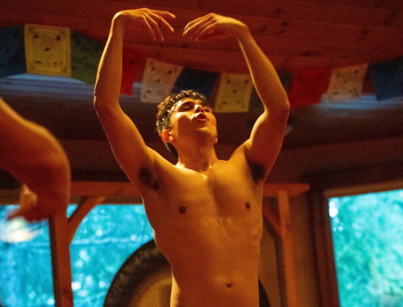 Men in embodiment practice at retreat