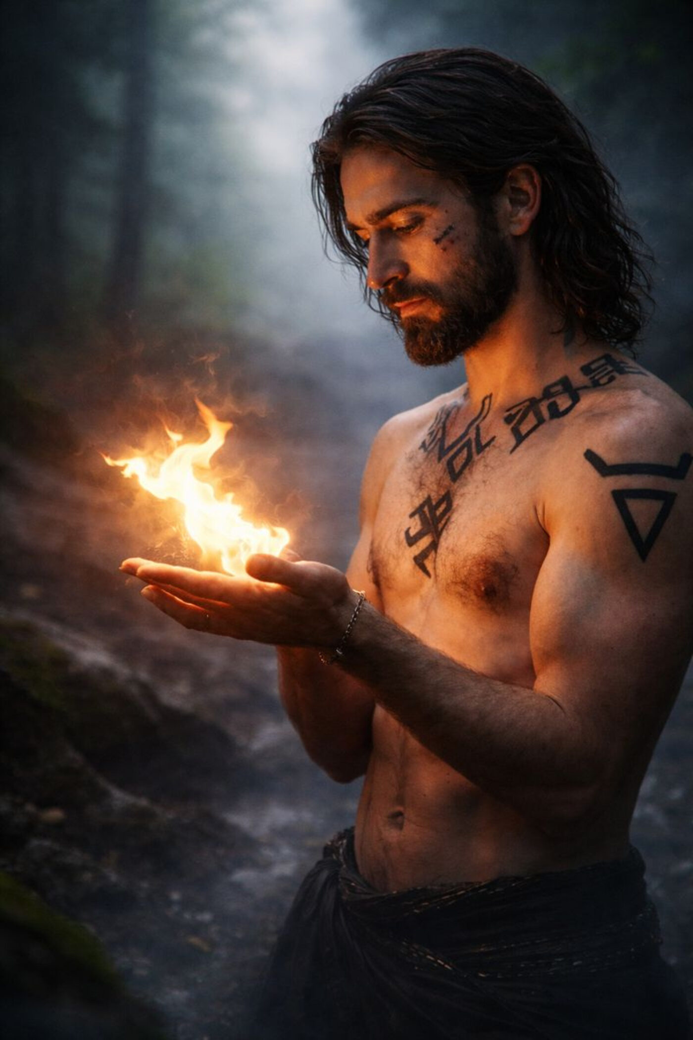 A man holding flame in his open palm