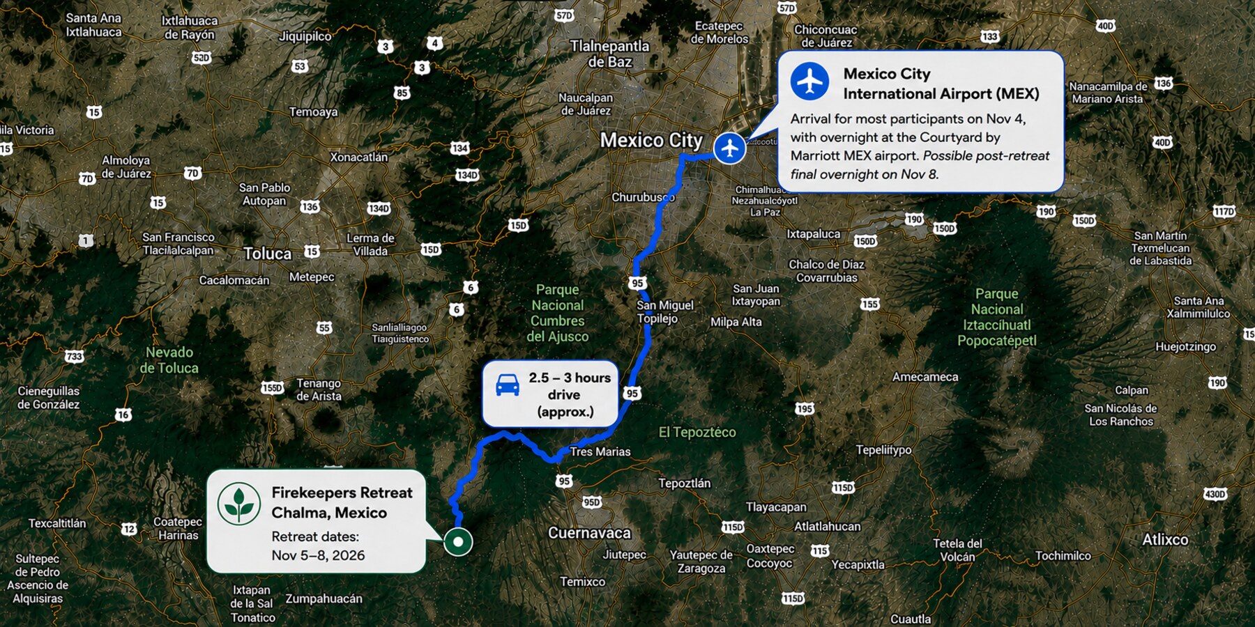 Map showing the route from Mexico City International Airport to the Firekeepers Retreat in Chalma, Mexico, approximately 2.5 to 3 hours by car